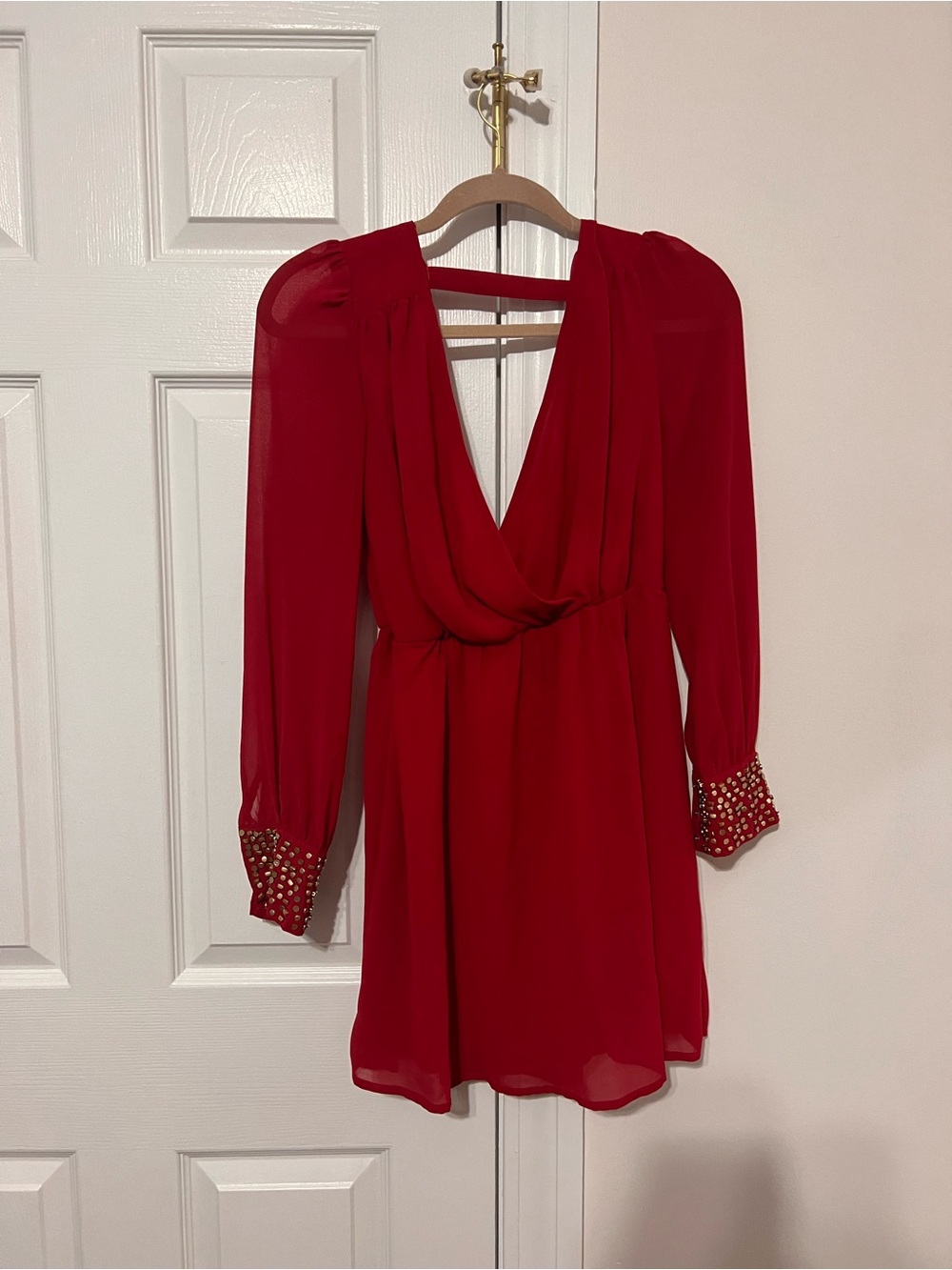 Red Long-Sleeve V-Neck Mini Dress with Embellished Cuffs